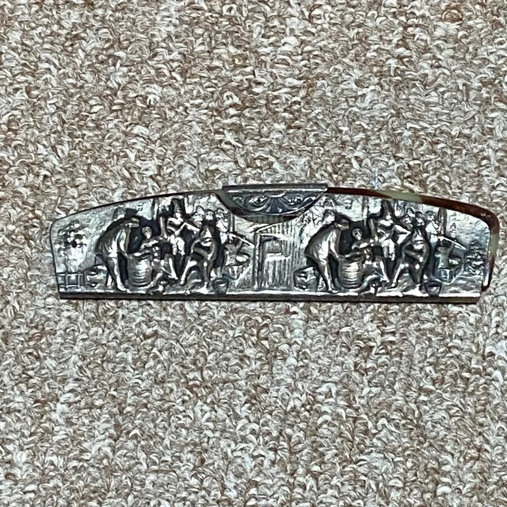 Vintage Hans Jensen Comb Set Denmark Repoussé Silver-Plated Case Tavern Scene